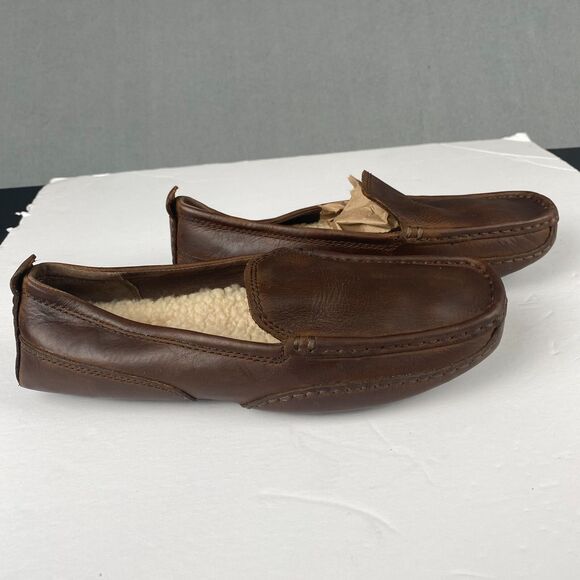 UGG Mens Ascot Leather Slippers Sheepskin Shearling Lined Brown S/N 5221 US 4 - Picture 1 of 14
